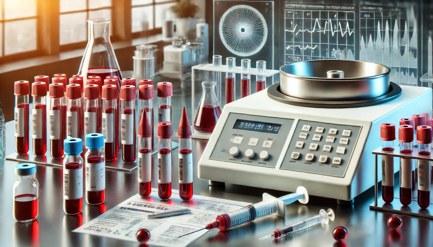 A professional clinical setting showcasing a blood test setup for inflammation measurement, with vials of blood samples, syringes, and a centrifuge machine, emphasizing medical precision and diagnostics.