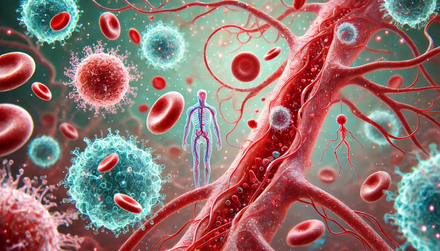 A vivid, text-free medical illustration of dilated blood vessels and immune cells entering tissues during inflammation, highlighting redness, swelling, and increased blood flow.