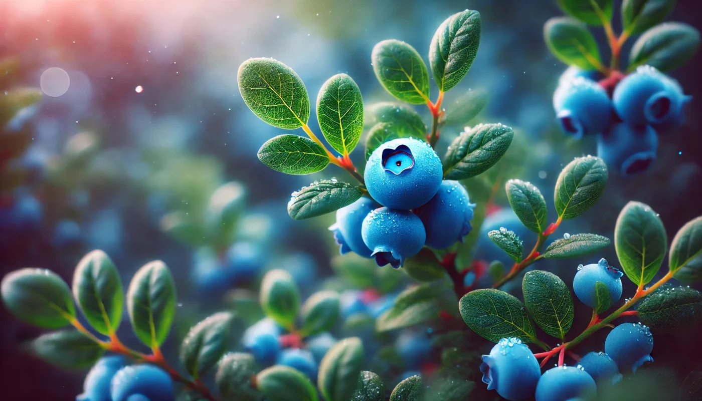 A close-up of a blueberry bush with ripe blueberries hanging from the branches, showcasing their natural growth and vibrant blue color, emphasizing their nutritional benefits for joint health.