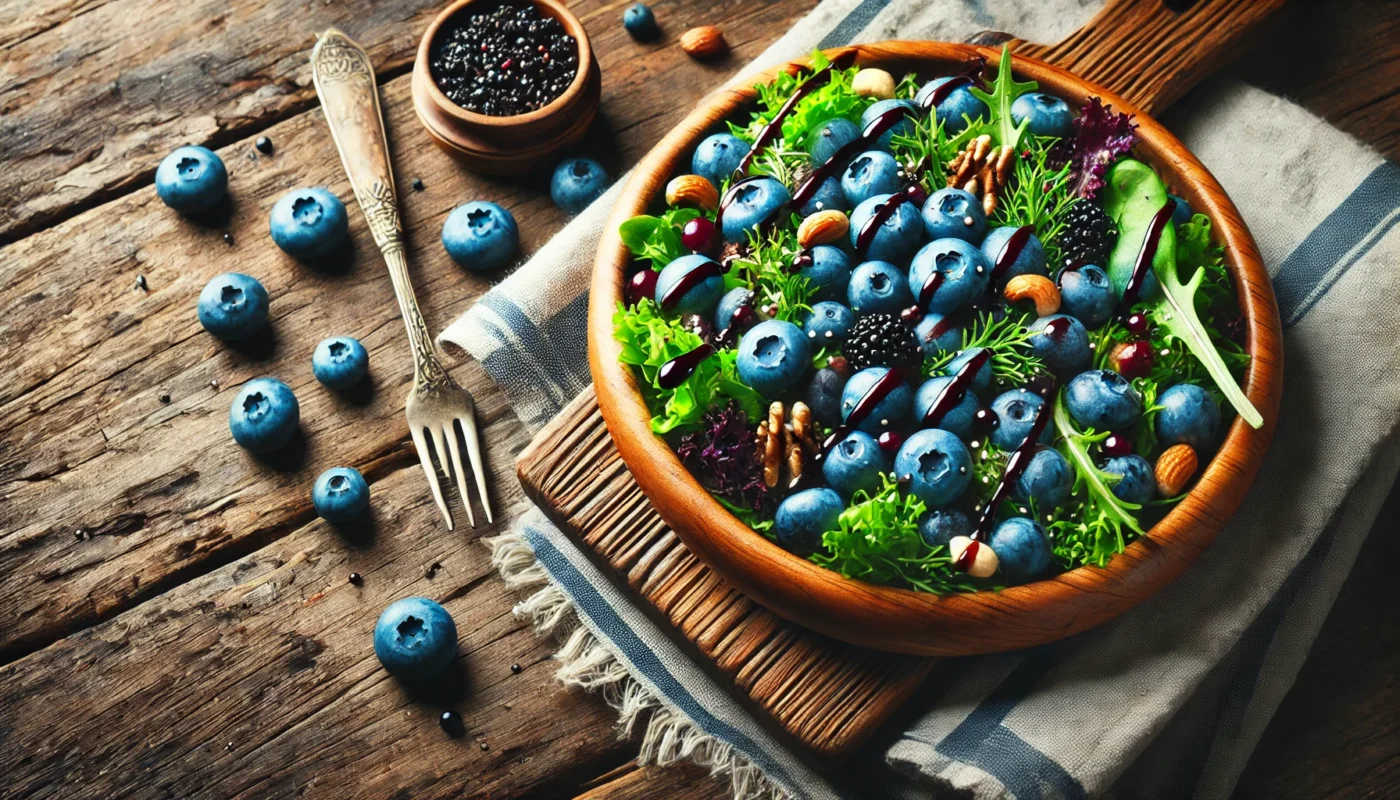 A beautifully plated blueberry salad with fresh greens, nuts, and a drizzle of balsamic dressing on a rustic wooden table, highlighting its anti-inflammatory and nutritious qualities for joint health.