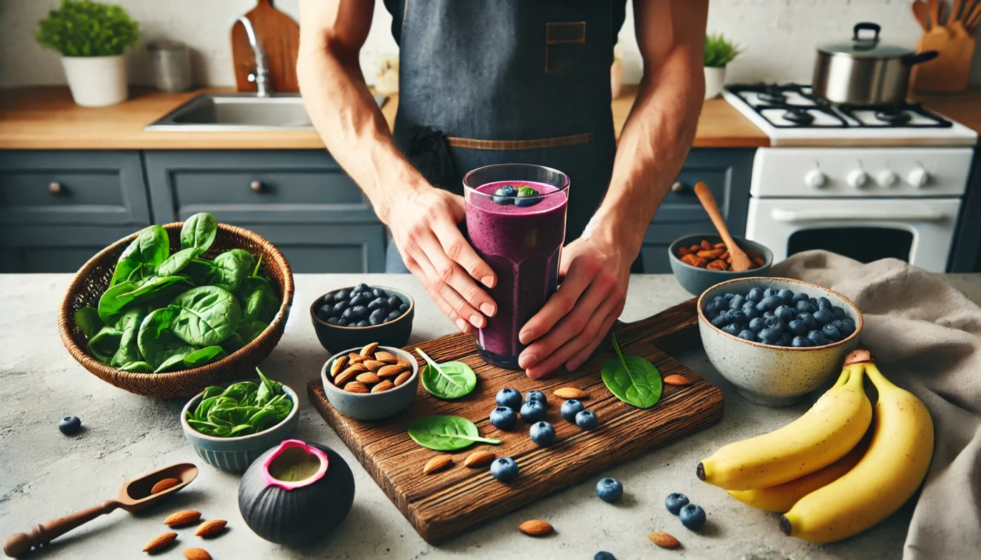 A person preparing a nutritious blueberry smoothie in a modern kitchen, surrounded by healthy ingredients like bananas, spinach, and almonds, emphasizing an anti-inflammatory diet for joint health.