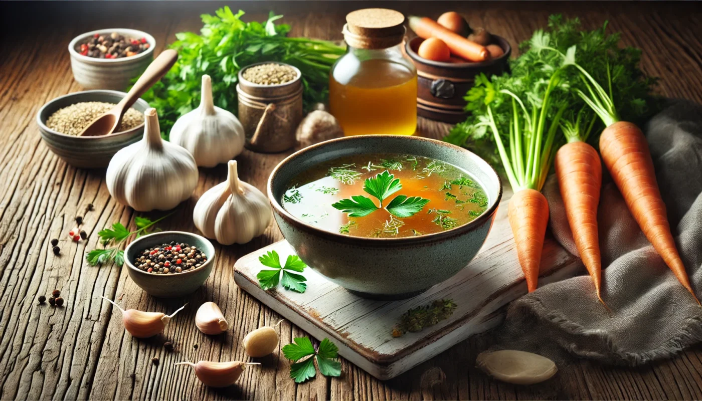 A comforting bowl of bone broth garnished with fresh herbs, surrounded by garlic, carrots, and celery on a rustic wooden table, emphasizing its benefits for gut health and IBD management.