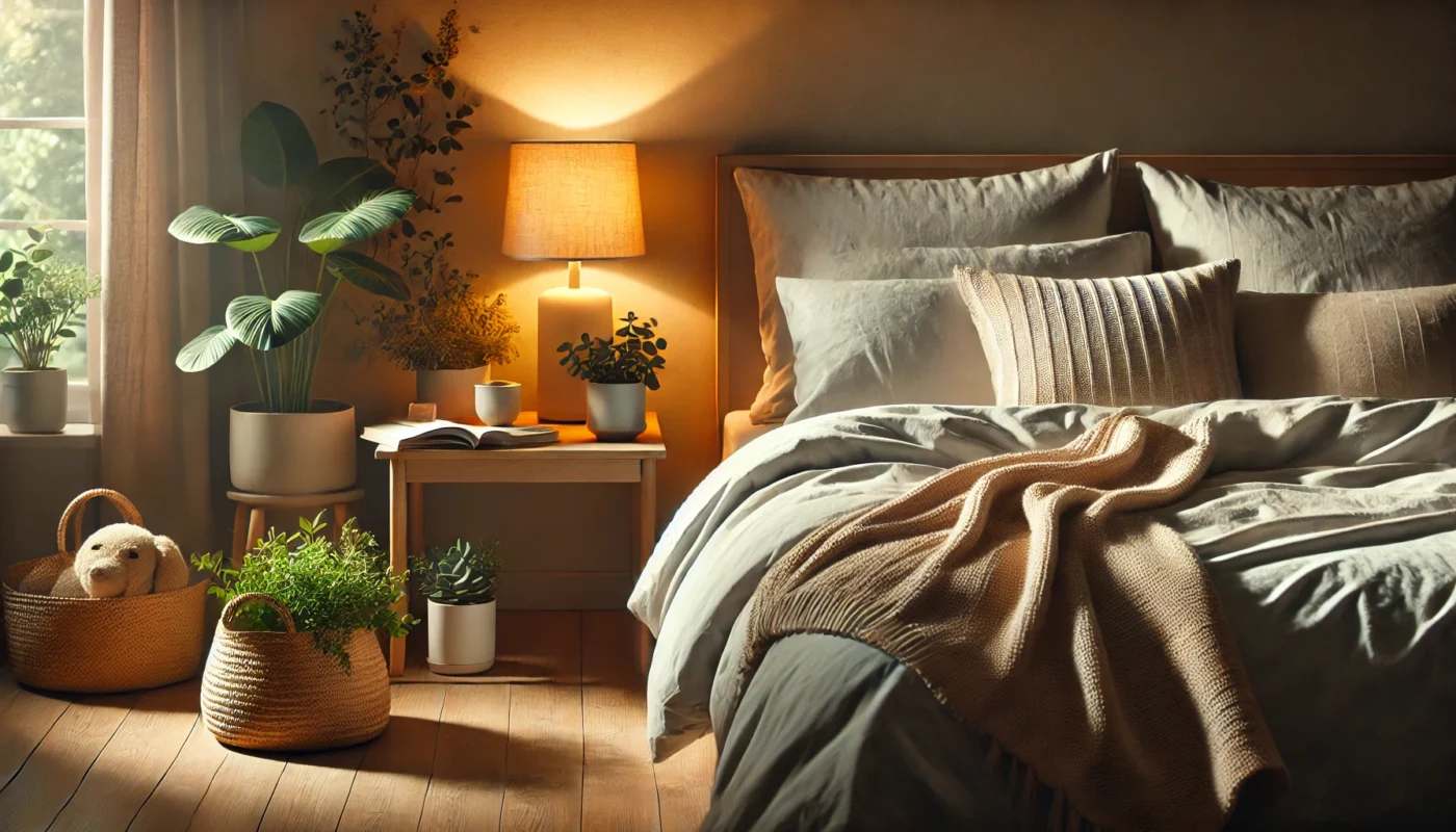 A peaceful bedroom setup with a neatly made bed, soft bedside lamp lighting, cozy blankets, and natural decor, providing a restful environment to aid systemic inflammation reduction.