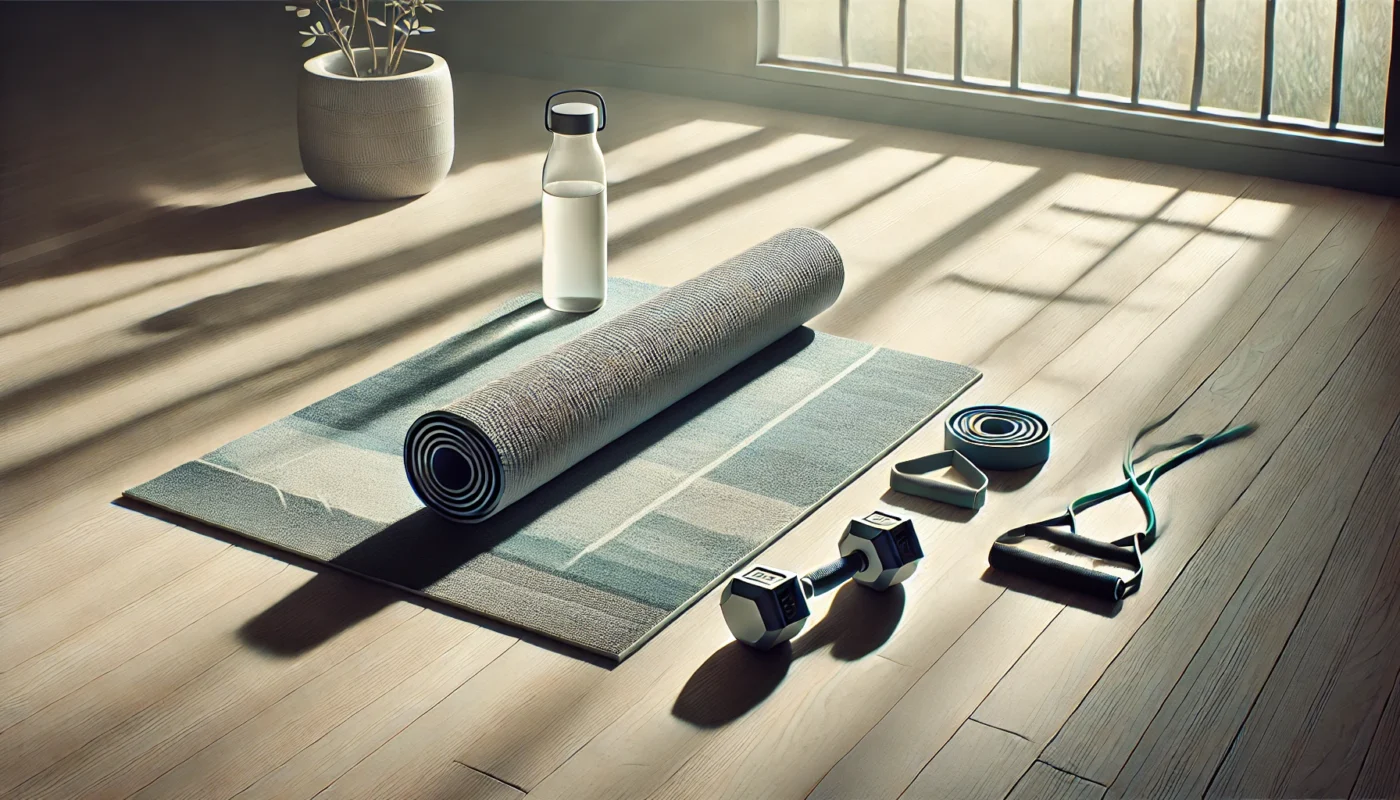 A peaceful exercise setup featuring a yoga mat, resistance bands, lightweight dumbbells, and a water bottle on a wooden floor with sunlight streaming through a large window. Ideal for arthritis prevention and joint health. Minimalist design in widescreen format.