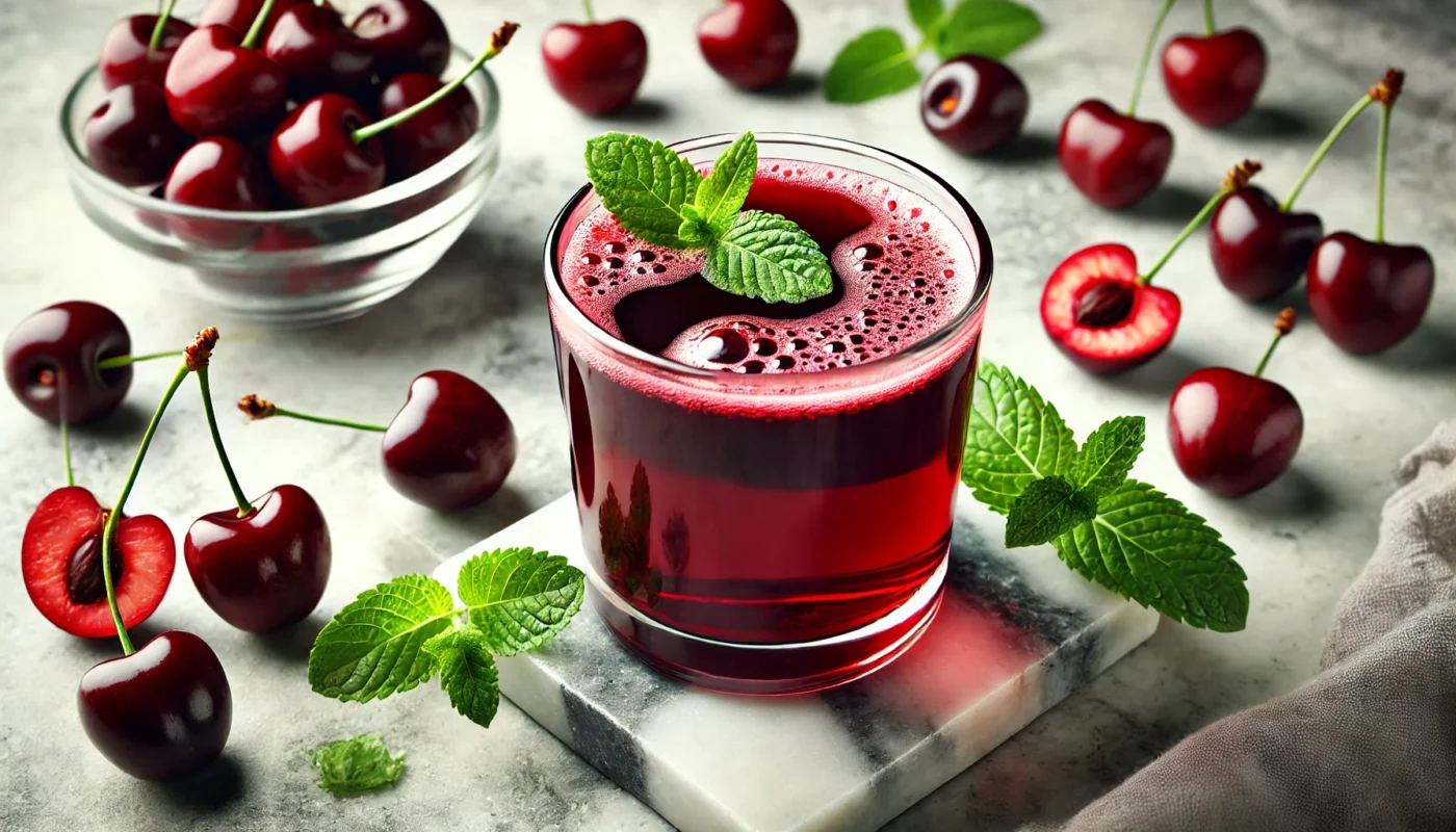 A glass of vibrant cherry juice on a marble countertop, surrounded by fresh cherries and a mint sprig, emphasizing its anti-inflammatory benefits and support for joint health in arthritis management.