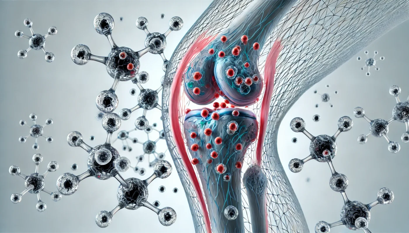 An artistic representation of chondroitin molecules interacting with cartilage tissue in a human knee joint, visually emphasizing hydration and joint flexibility against a clean background.