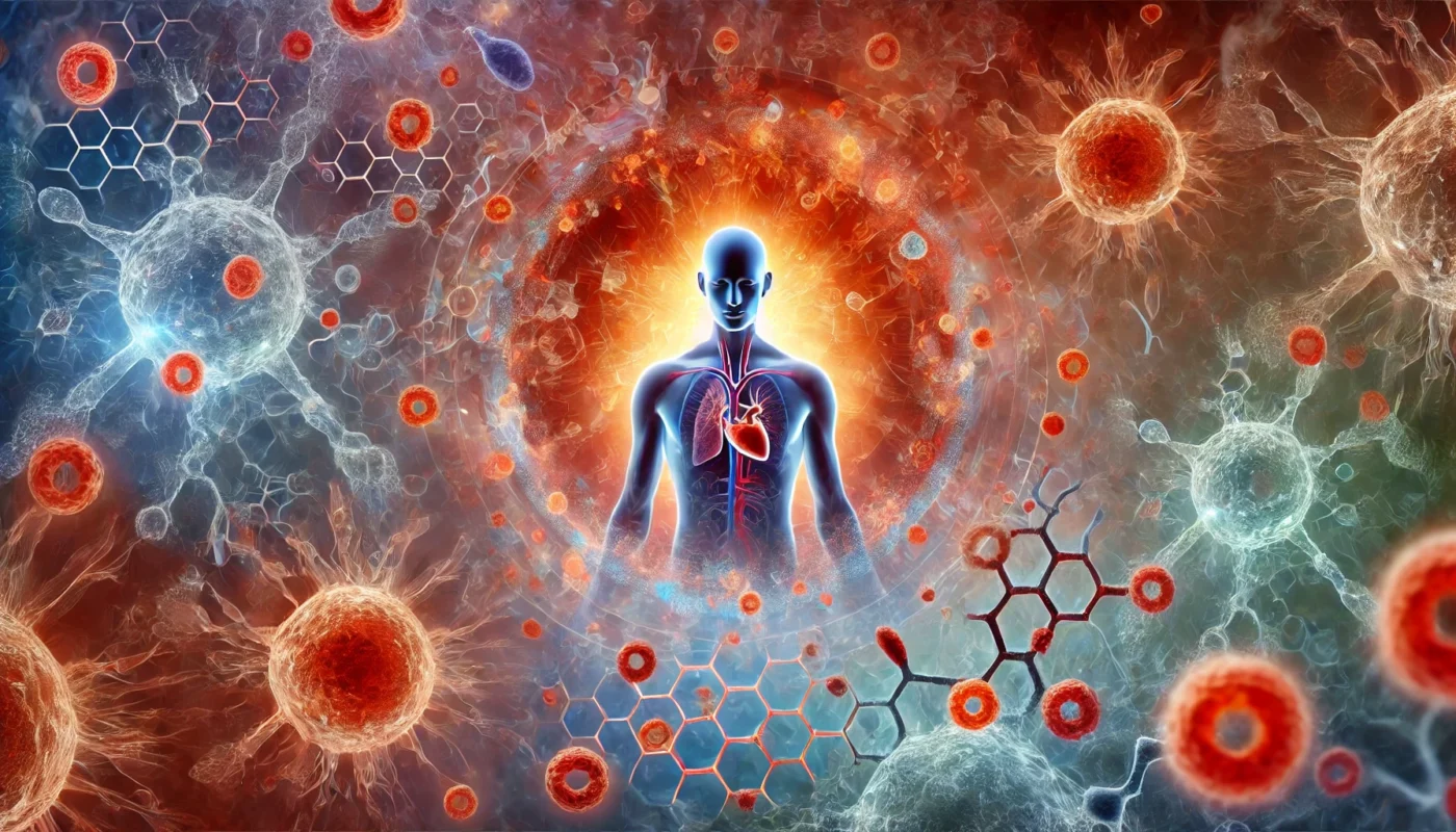 A serene illustration of chronic inflammation within a human figure, featuring red and orange gradients alongside molecular imagery of cytokines, symbolizing the prolonged inflammatory process.