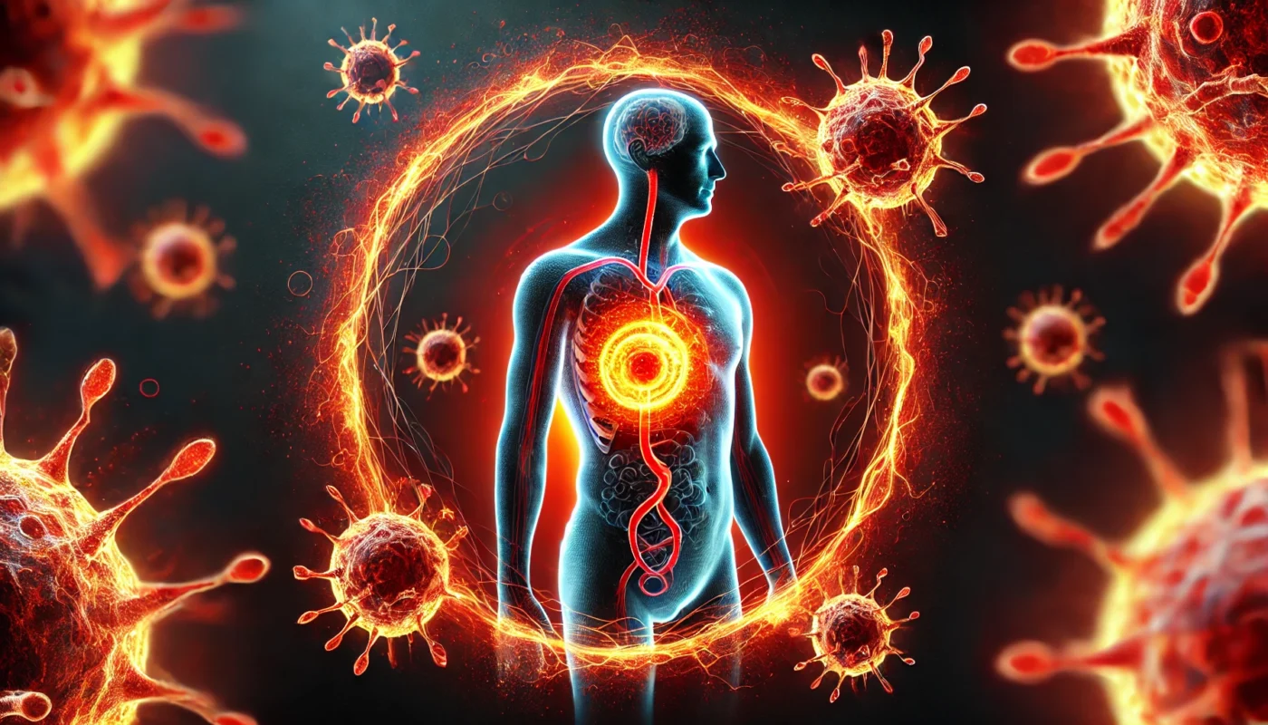 A conceptual representation of chronic inflammation, showing a glowing area in a human silhouette with persistent red and orange gradients, symbolizing prolonged immune activity and tissue damage.