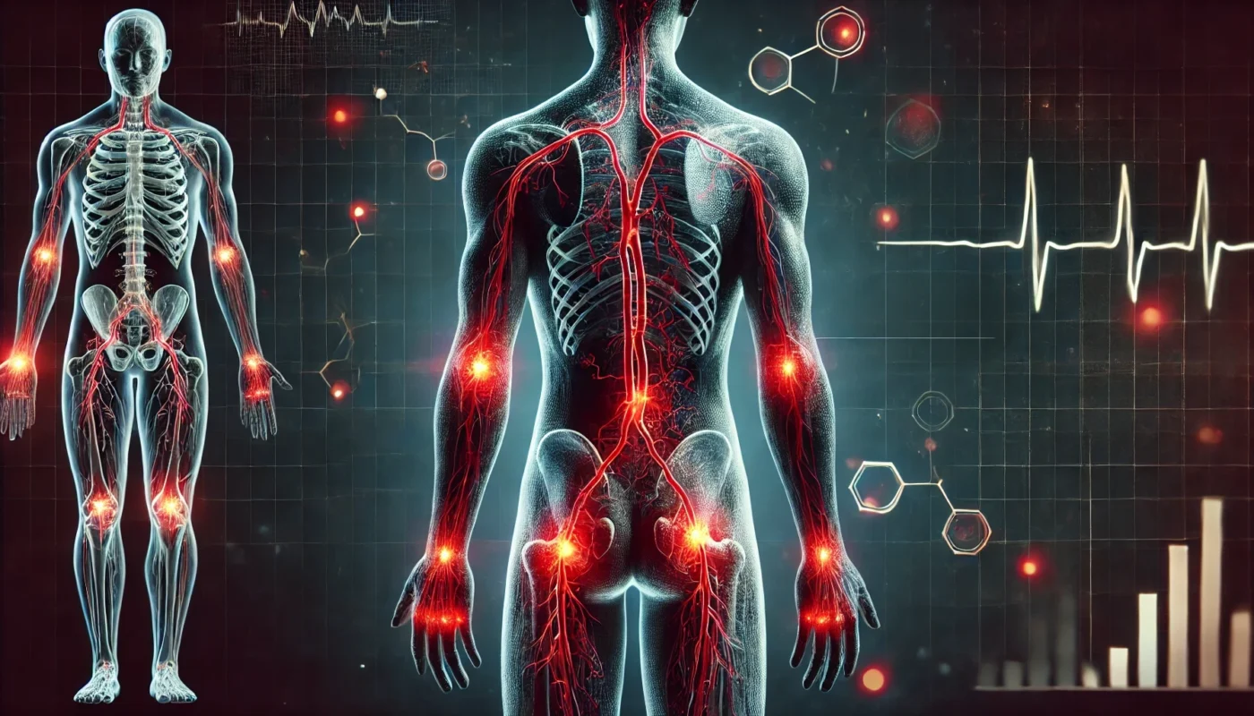 A widescreen image of a semi-transparent human silhouette with glowing red areas indicating chronic inflammation in joints, arteries, and organs. The design is text-free and features a dark, sleek background with no additional graphical elements.