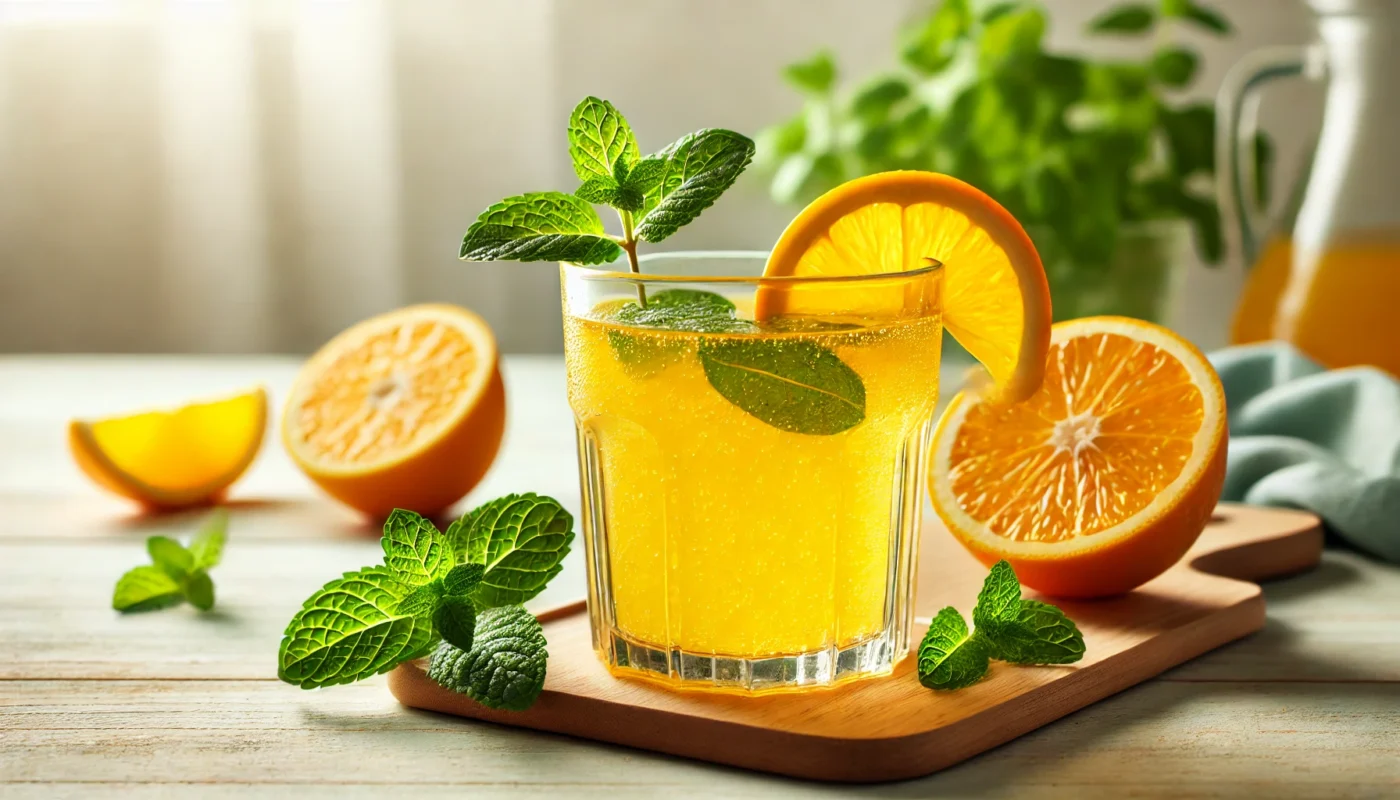 A bright citrus elixir in a clear glass, garnished with a slice of orange and a sprig of mint, placed on a light wooden table under natural lighting to emphasize its freshness and anti-inflammatory properties.