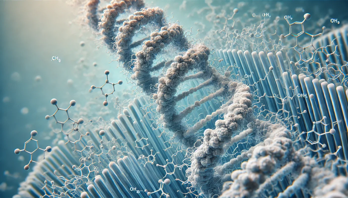 A detailed 3D-rendered scientific illustration of the triple-helix molecular structure of collagen, composed of glycine, proline, and hydroxyproline.