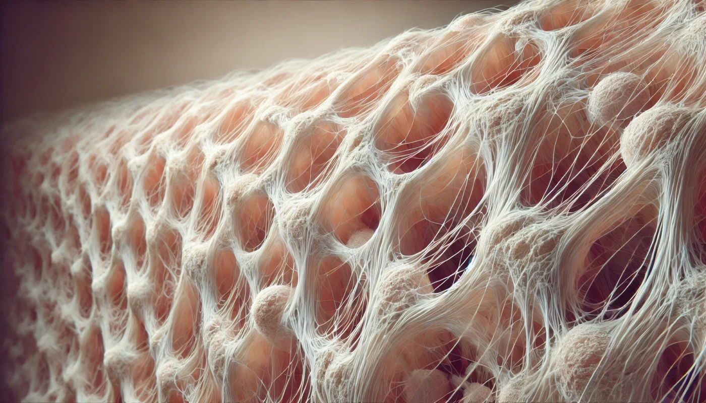 A high-quality 3D-rendered visualization showing fibrous collagen structures in human connective tissue, emphasizing its role in skin, tendons, and ligaments.