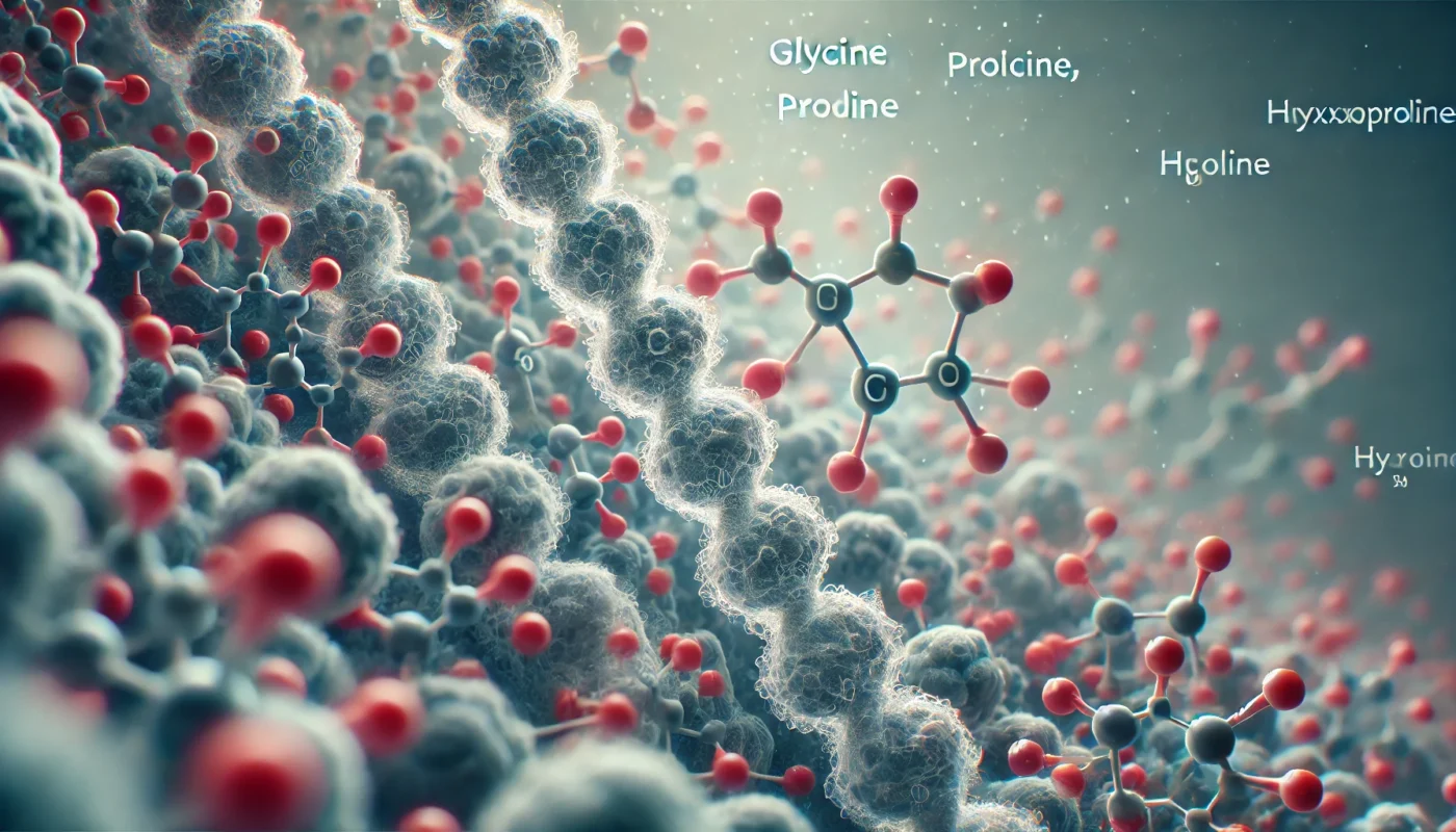 A realistic 3D-rendered depiction of molecular bonds between amino acids like glycine, proline, and hydroxyproline, illustrating how they form collagen proteins.