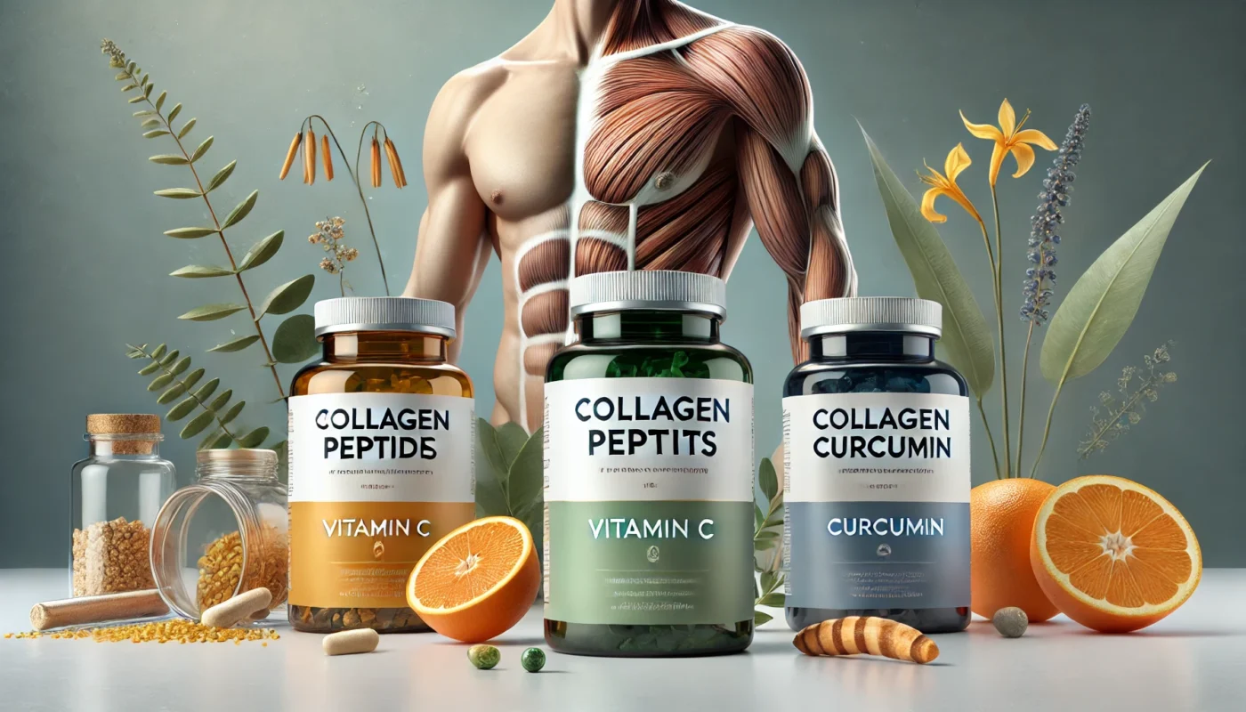 Collagen Peptides, Vitamin C, and Curcumin supplements, emphasizing their role in supporting chest health and recovery after gynecomastia surgery.