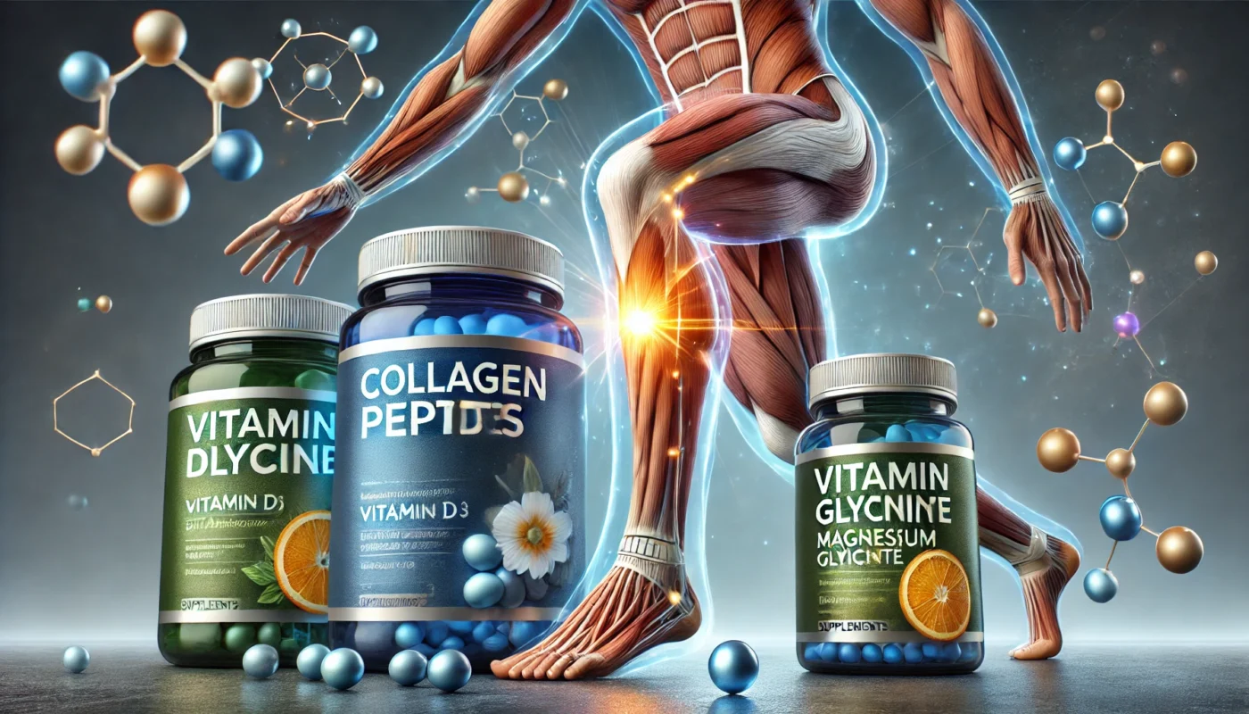 Collagen Peptides, Vitamin D3, and Magnesium Glycinate supplements for calf strain recovery. 