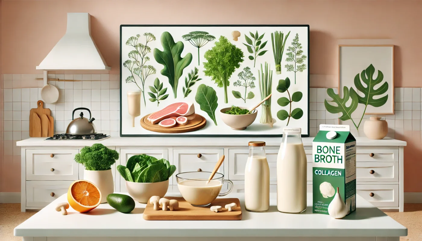 An elegant layout of collagen-rich foods including bone broth, leafy greens, and fortified plant-based milks, displayed on a minimalist white kitchen counter for osteoarthritis management.