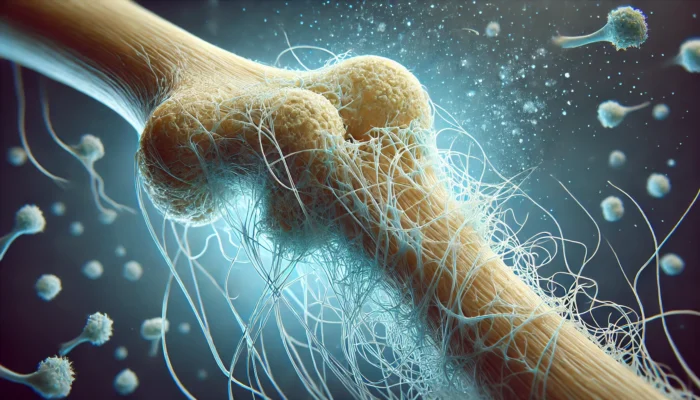 3D-rendered visualization of collagen fibers weaving together to stabilize a fractured bone, showcasing their structural integrity in the healing process.