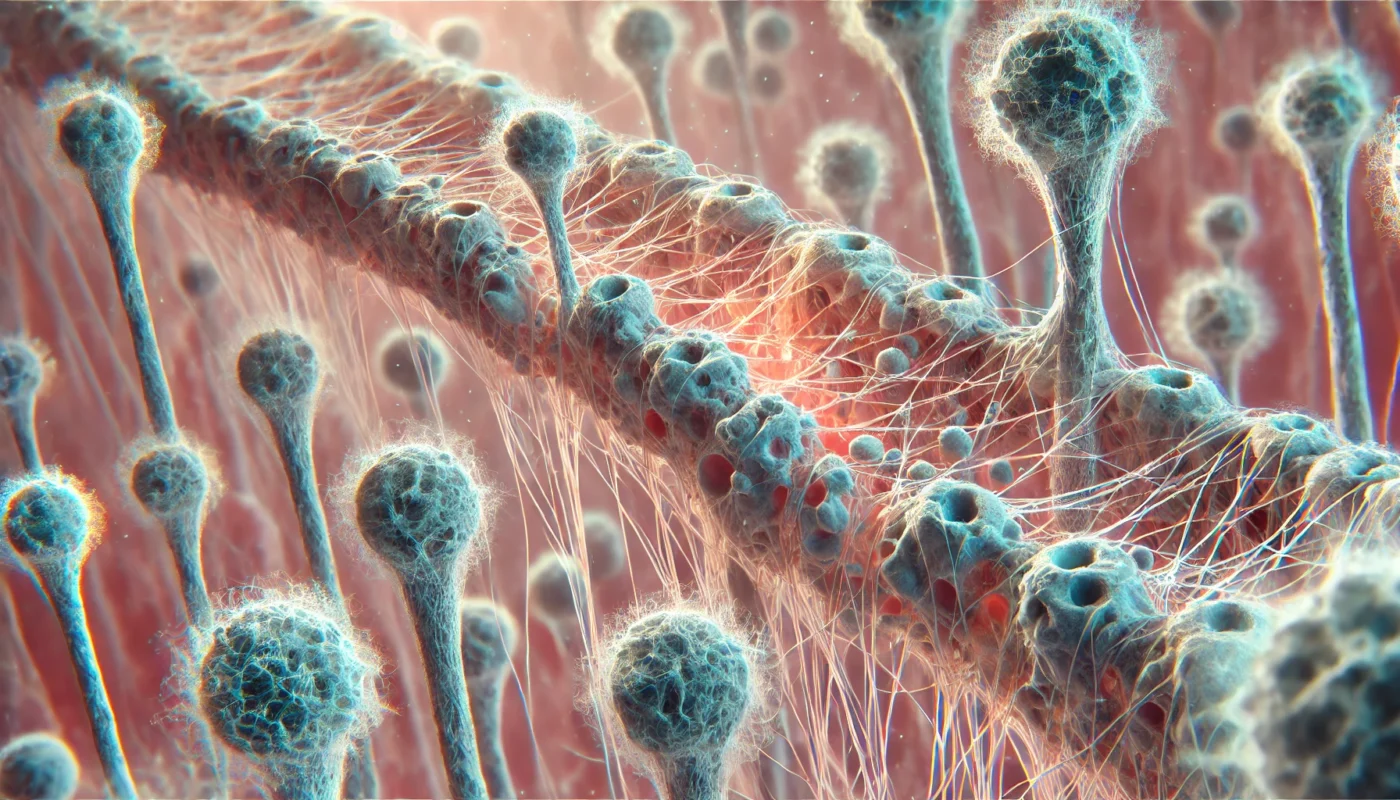 Microscopic view of collagen fibers interacting with osteoblasts, illustrating mineral deposition and collagen scaffold formation for fracture healing.