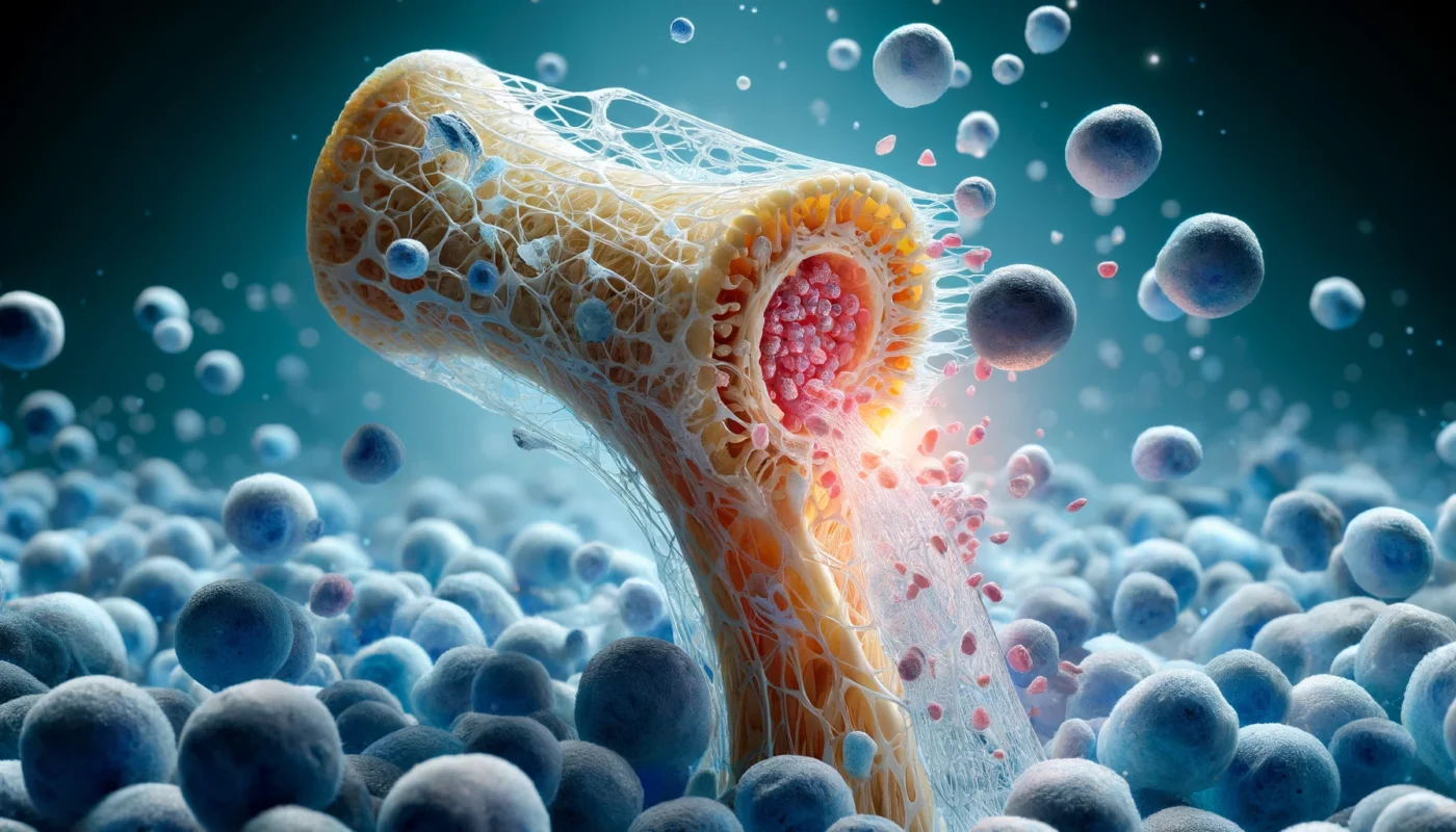 3D medical rendering showcasing osteoblasts depositing minerals onto a collagen scaffold, highlighting the process of bone regeneration and collagen integration.