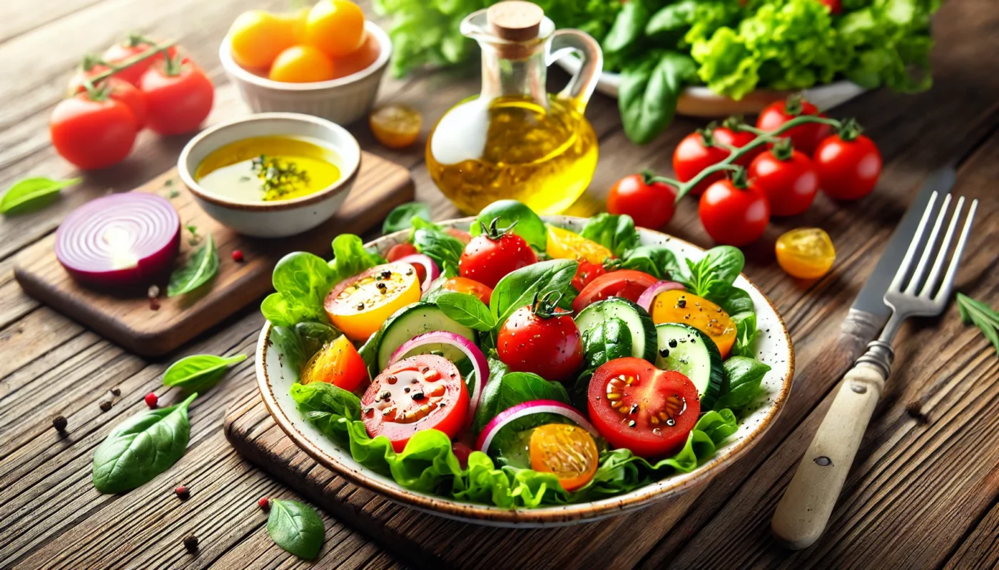 A healthy meal featuring a vibrant tomato salad with fresh herbs and a drizzle of olive oil, beautifully plated on a wooden table, promoting nutritious eating and joint health.