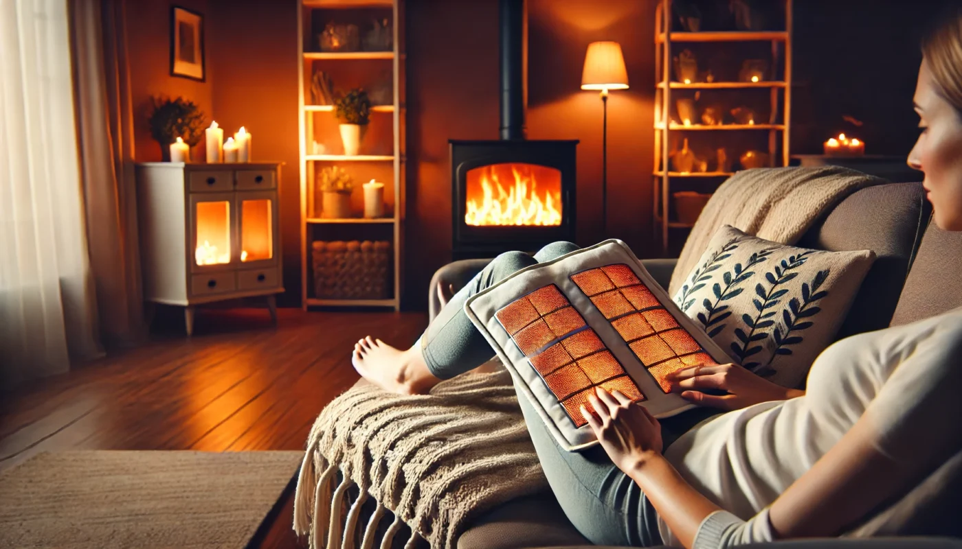 A cozy living room scene showing a person reclining on a sofa with a large heating pad on their knees. The ambiance includes warm lighting, a soft blanket, and a fireplace in the background, emphasizing relaxation and comfort.