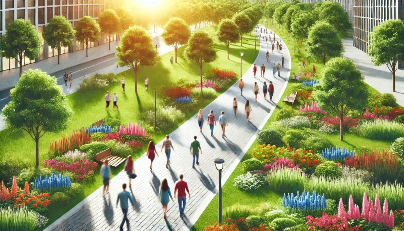 A lively urban park scene with diverse individuals walking along a paved path, surrounded by lush greenery, colorful flowers, and tall trees, promoting health and the community benefits of walking in shared spaces.