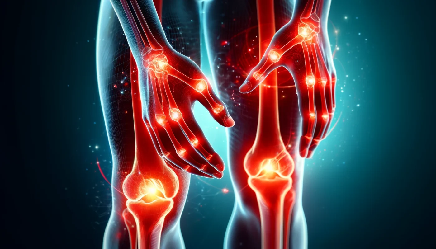 A glowing red and orange conceptual depiction of human joints, highlighting inflammation in areas such as knees, hands, and elbows.