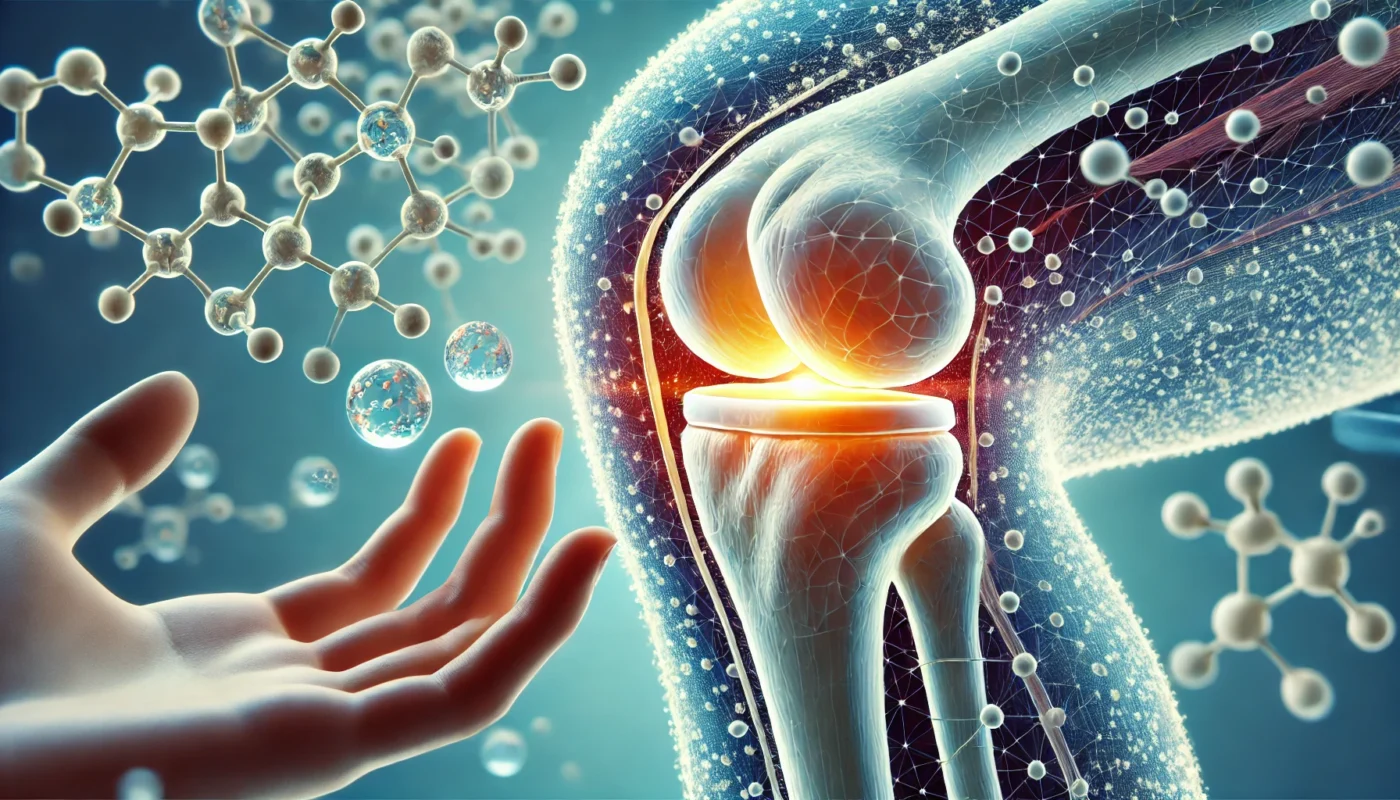 Glucosamine vs Glucosamine Chondroitin MSM. This is a conceptual illustration of glucosamine molecules strengthening cartilage structure in a knee joint, highlighting its role in joint health and flexibility through natural repair processes.