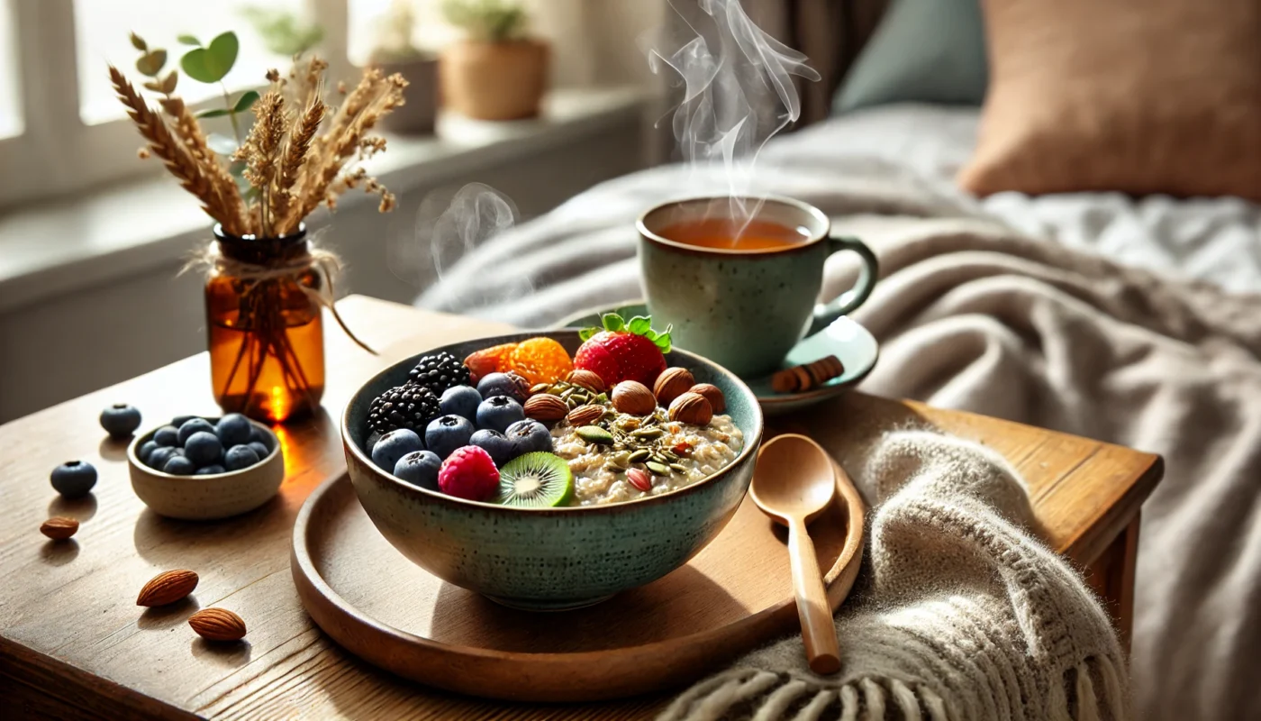 A serene home breakfast scene featuring a bowl of anti-inflammatory oatmeal topped with fresh fruits, nuts, and seeds. A steaming cup of herbal tea adds warmth, complemented by natural light and a cozy blanket.