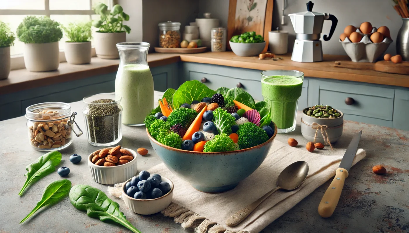 A text-free widescreen image of a cozy kitchen counter featuring a colorful salad with spinach, kale, carrots, and blueberries, accompanied by a dish of nuts and seeds and a glass of green smoothie. The setting highlights a nutrient-rich, joint-supportive diet.