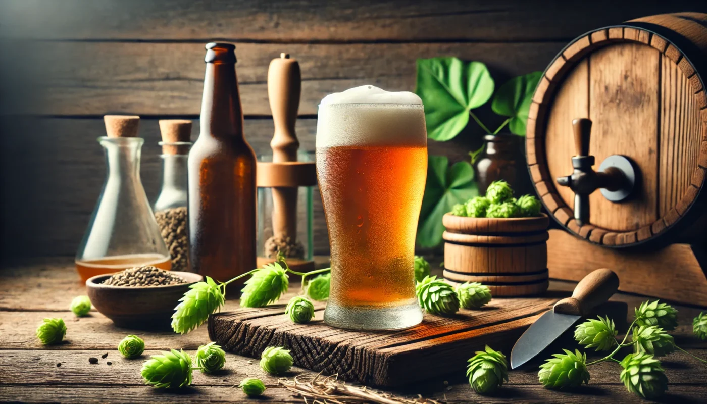 A cold glass of craft beer with a frothy head and condensation, set in a rustic ambiance with wooden elements and hints of hops, highlighting the artisanal nature and potential antioxidant benefits of moderate beer consumption.