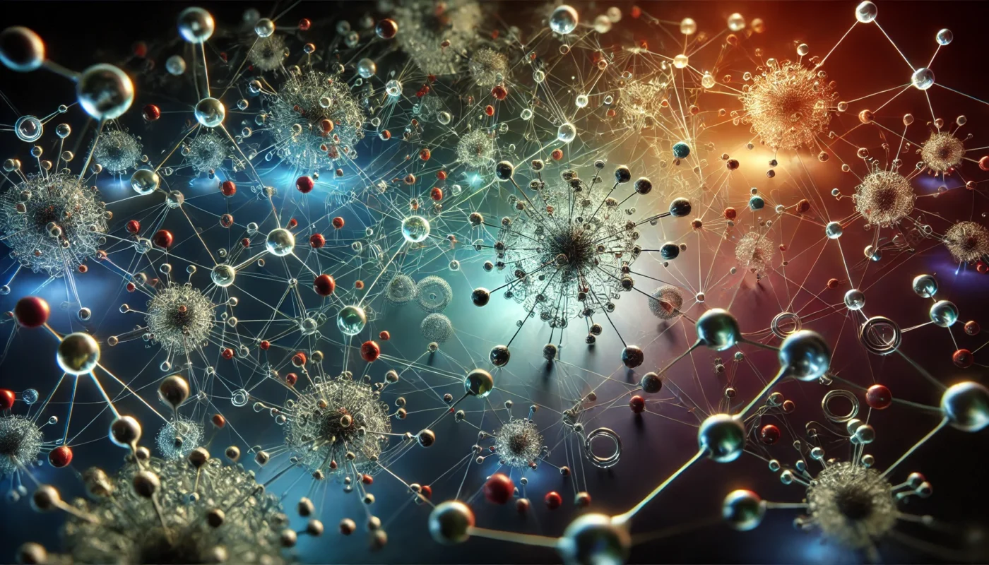 A futuristic artistic visualization of cytokine interactions, featuring glowing molecular connections forming a dynamic network against a dark gradient background, showcasing the complexity of immune signaling.