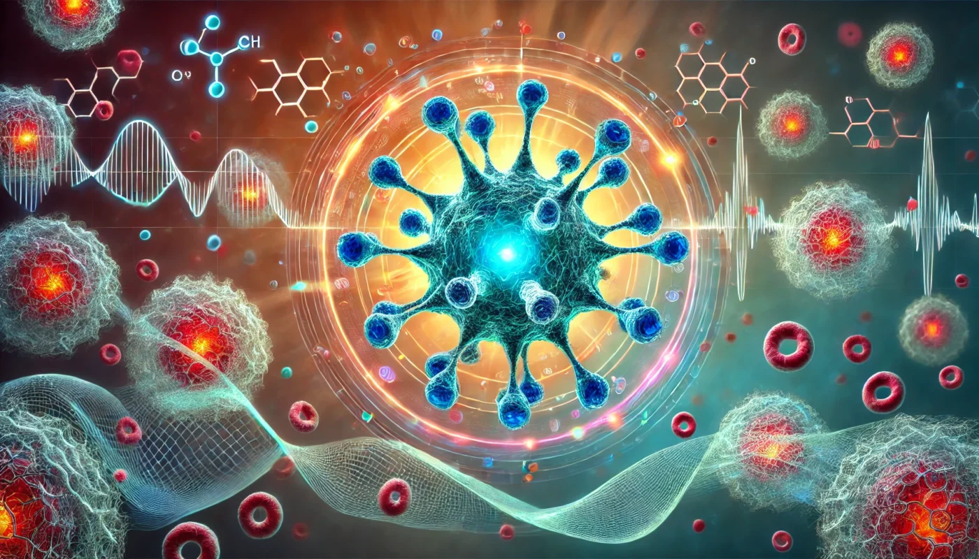 A dynamic visual representation of cytokines interacting with immune cells, depicted as glowing molecular structures, highlighting their role in inflammation and immune system balance.