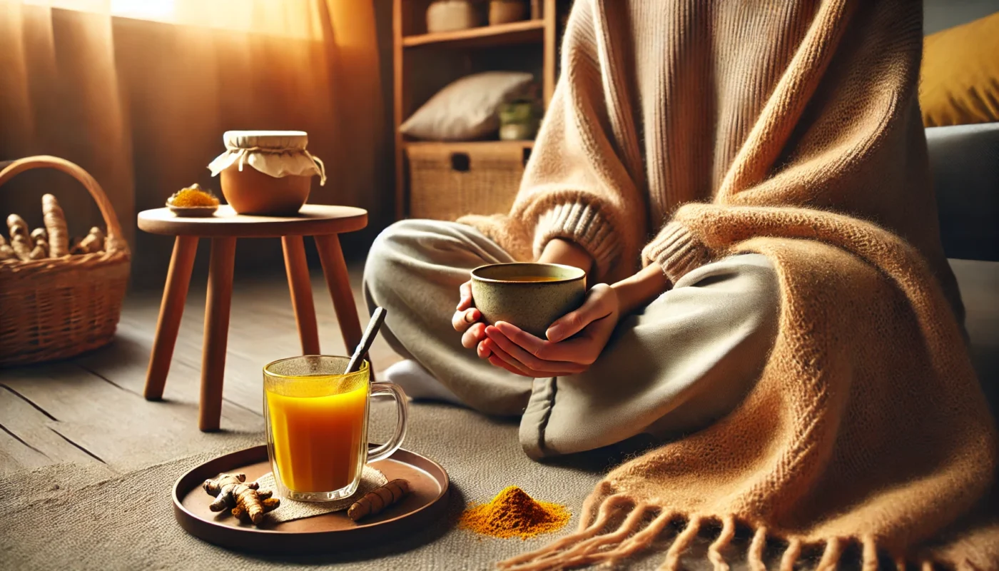 A cozy home scene with a person holding a steaming cup of turmeric tea, seated on a soft chair with a blanket. The setting features a small table with a jar of turmeric, emphasizing a natural approach to muscle strain relief in a warm and tranquil environment.