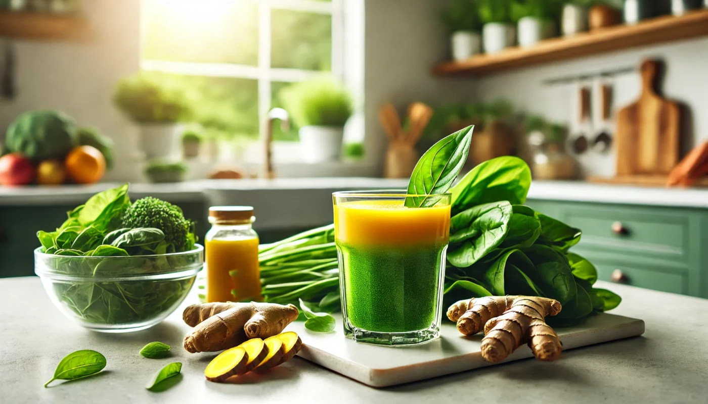 A serene and clean kitchen setting featuring a glass of liquid joint supplement surrounded by fresh ingredients like turmeric roots, ginger slices, and leafy greens on a modern countertop, illuminated by natural sunlight streaming through a window.