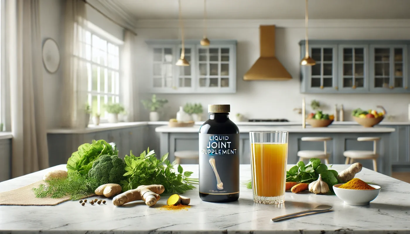 A sleek and modern dining table featuring a bottle of liquid joint supplement surrounded by fresh turmeric, ginger, and leafy greens, next to a glass filled with the supplement. The bright and clean kitchen in the background emphasizes health and wellness.