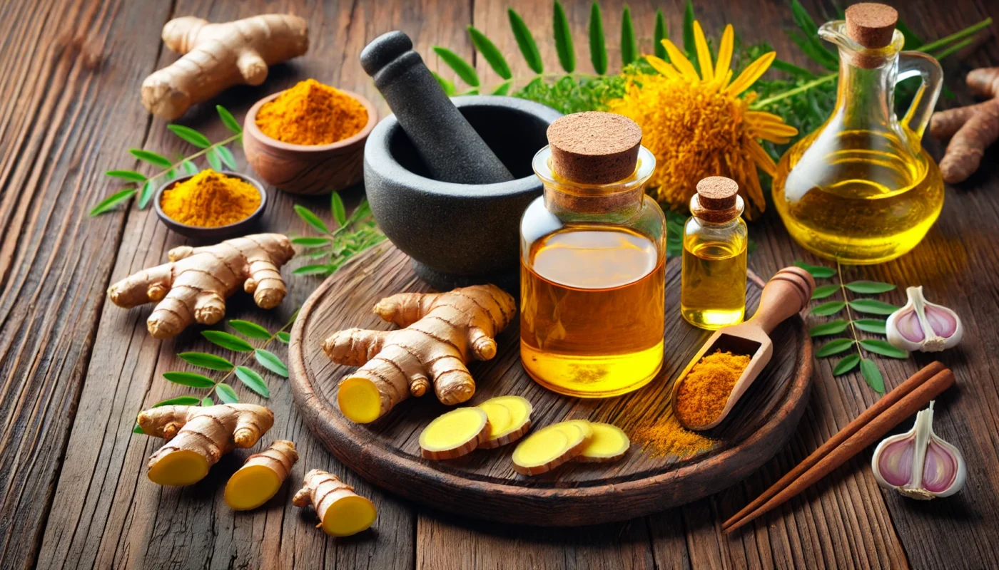 A rustic wooden table displaying fresh turmeric roots, ginger slices, a mortar and pestle, and a glass jar of omega-3-rich oil. The arrangement reflects a natural and holistic approach to supporting joint health.