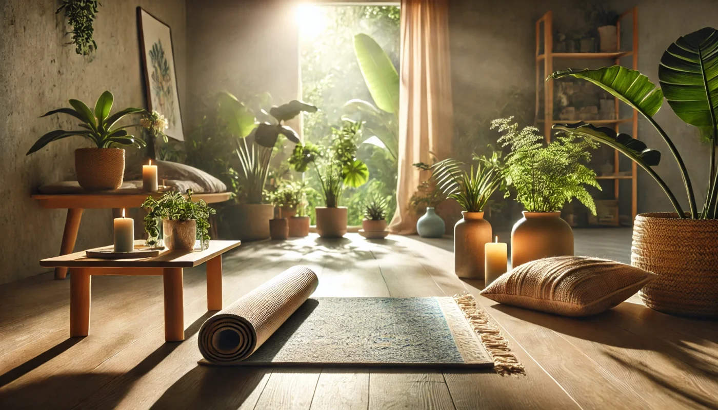 A serene yoga mat in an open space with sunlight streaming through a nearby window, surrounded by lush plants. The setting highlights wellness and relaxation, with soft lighting and natural tones.