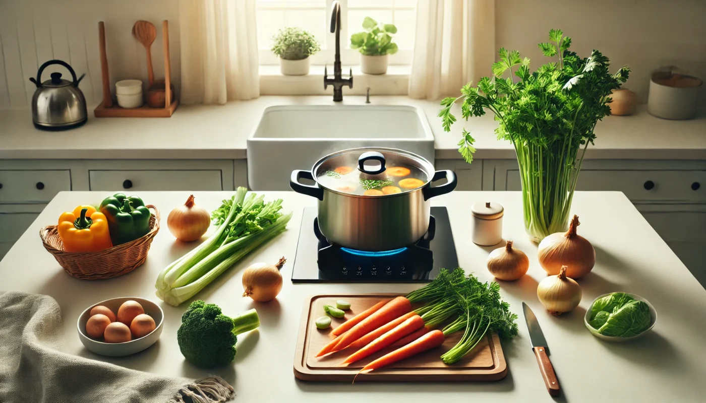 A clean and organized kitchen setup featuring a pot of simmering bone broth on a stovetop, with fresh vegetables and herbs on a wooden cutting board, symbolizing natural sources of glucosamine and joint-supporting nutrients.