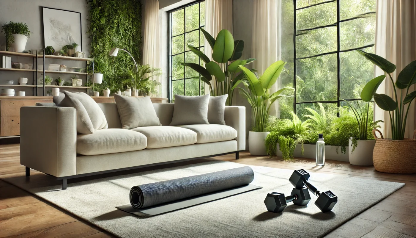 A serene and inviting living room featuring a yoga mat and light dumbbells on a soft carpet, surrounded by natural light streaming through large windows and lush green indoor plants, reflecting an active and healthy lifestyle.