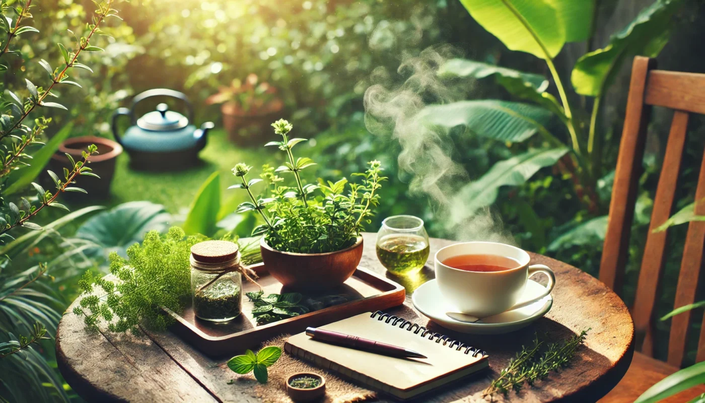 A serene outdoor setup featuring a wooden table with a bowl of bone broth and fresh herbs, emphasizing natural sources of glucosamine for joint health.