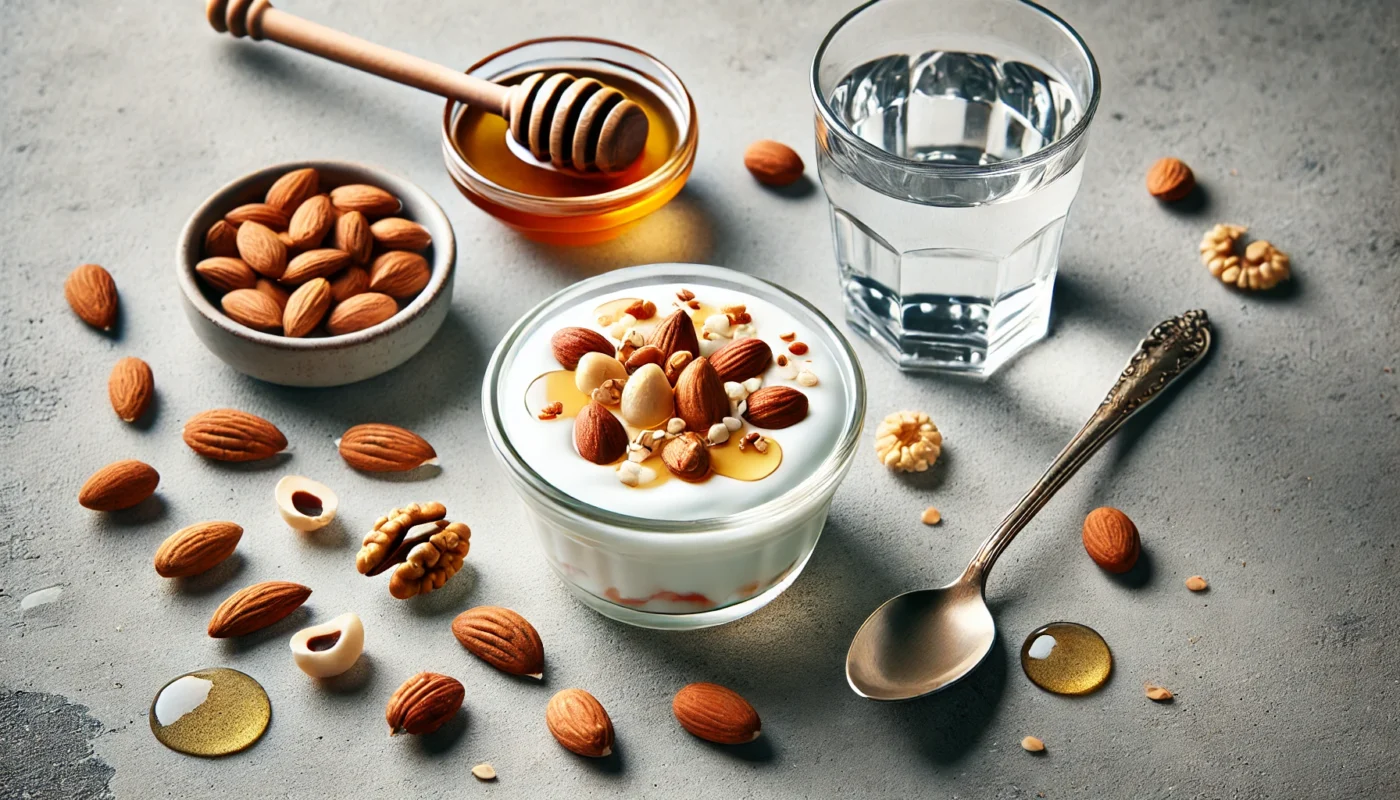 A close-up of Greek yogurt in a bowl, topped with a variety of nuts and drizzled with honey, accompanied by a spoon and scattered nuts, emphasizing a nutritious pre-workout snack with a minimalist presentation.