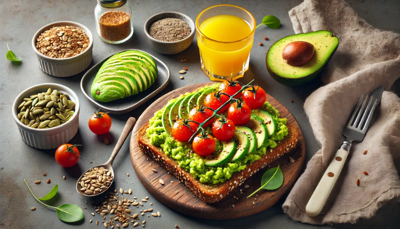 Whole grain toast with mashed avocado, garnished with cherry tomatoes and seeds, served with a glass of orange juice on a clean table setting, illustrating a healthy and balanced pre-workout meal.