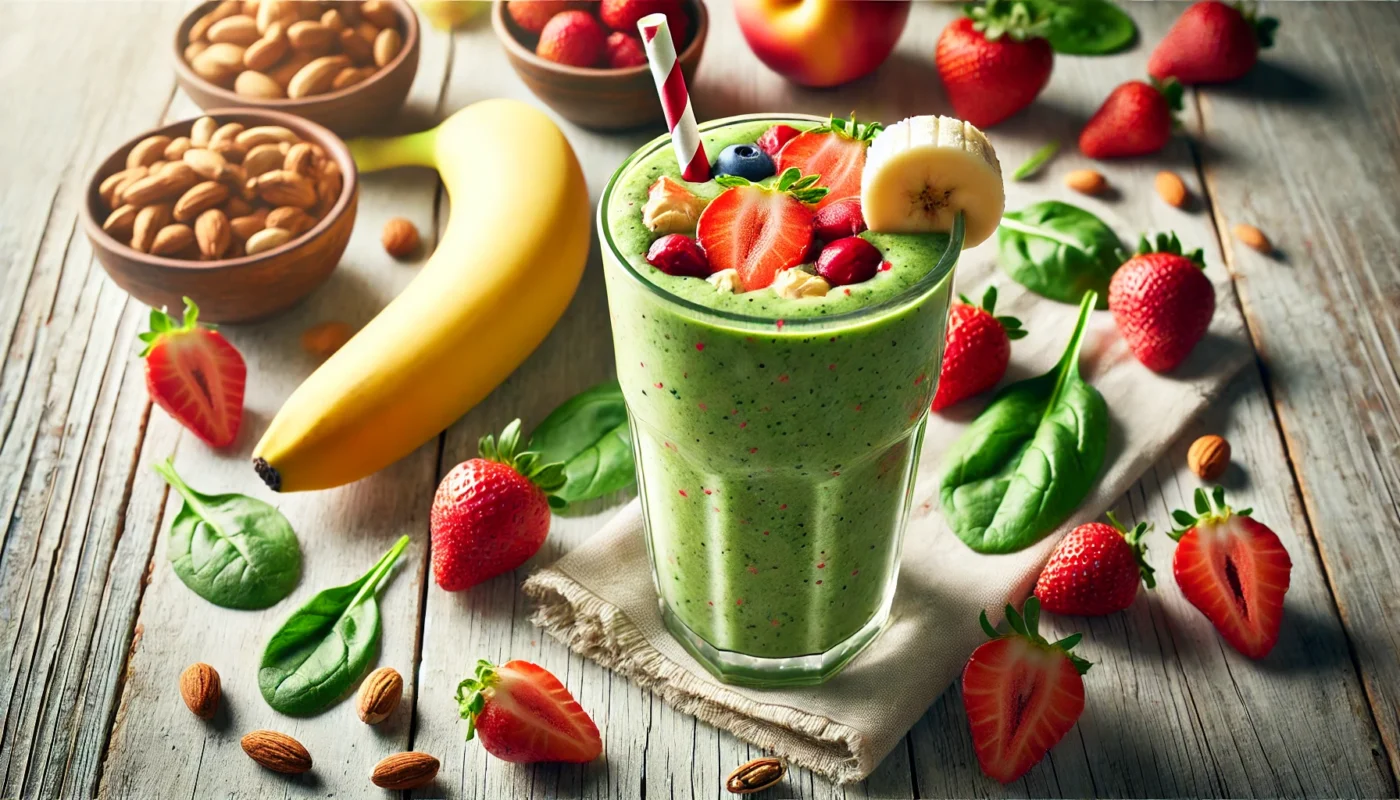 A vibrant smoothie made with blended fruits like bananas, strawberries, and spinach, served in a tall glass with a banana garnish and straw, surrounded by scattered fruits and nuts, showcasing a refreshing and healthy pre-workout drink.