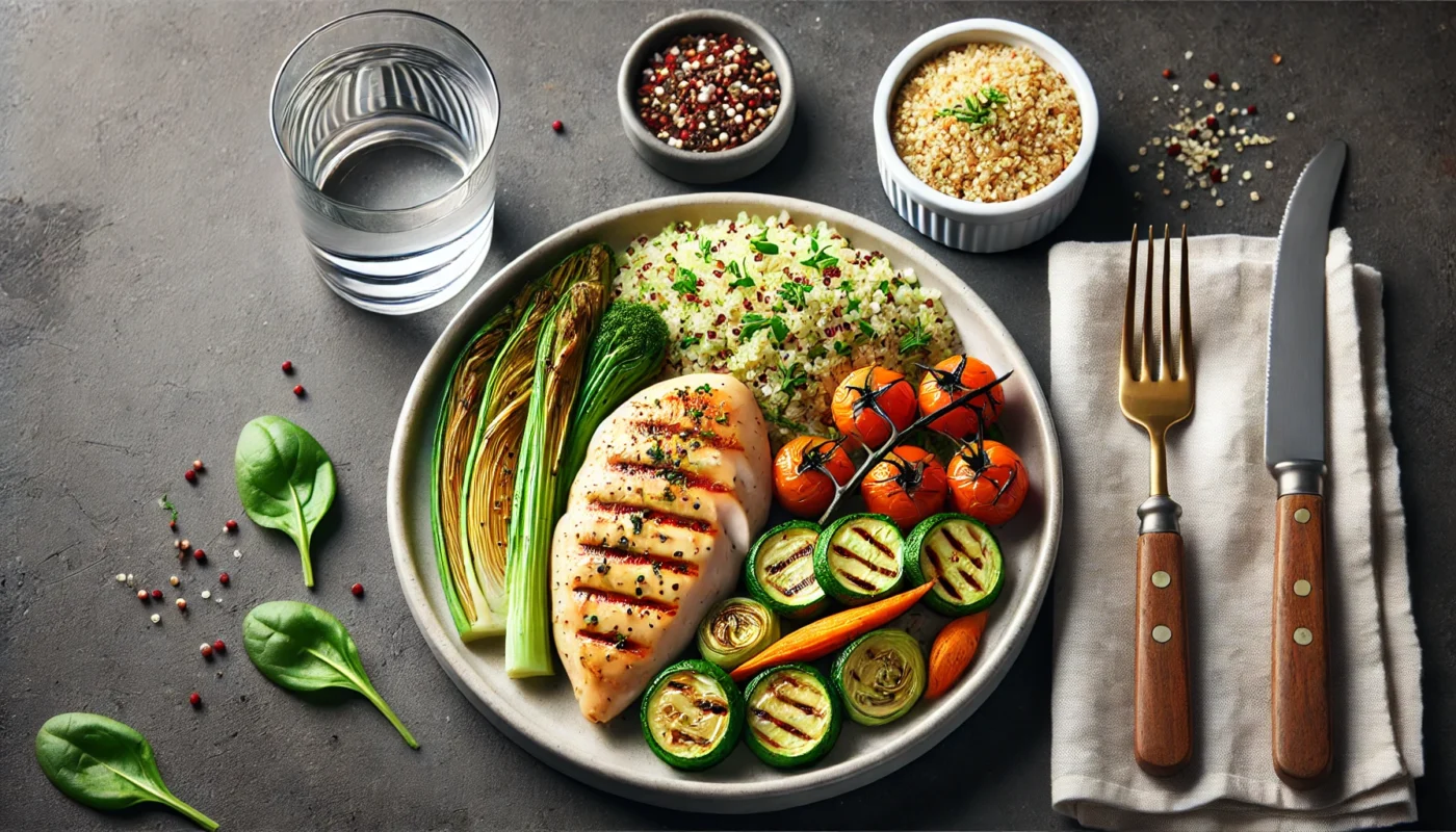 A grilled chicken breast served with quinoa and roasted vegetables, garnished with fresh herbs and paired with a glass of water, showcasing a protein-rich meal ideal for recovery after cardio.