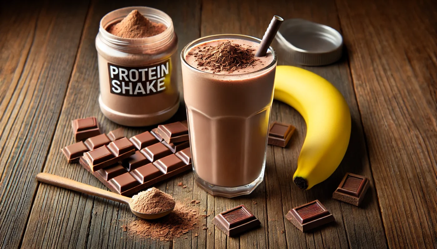 A tall glass of chocolate protein shake on a wooden table, surrounded by chocolate pieces, a banana, and a protein powder container, illustrating a quick and nutritious post-cardio recovery drink.