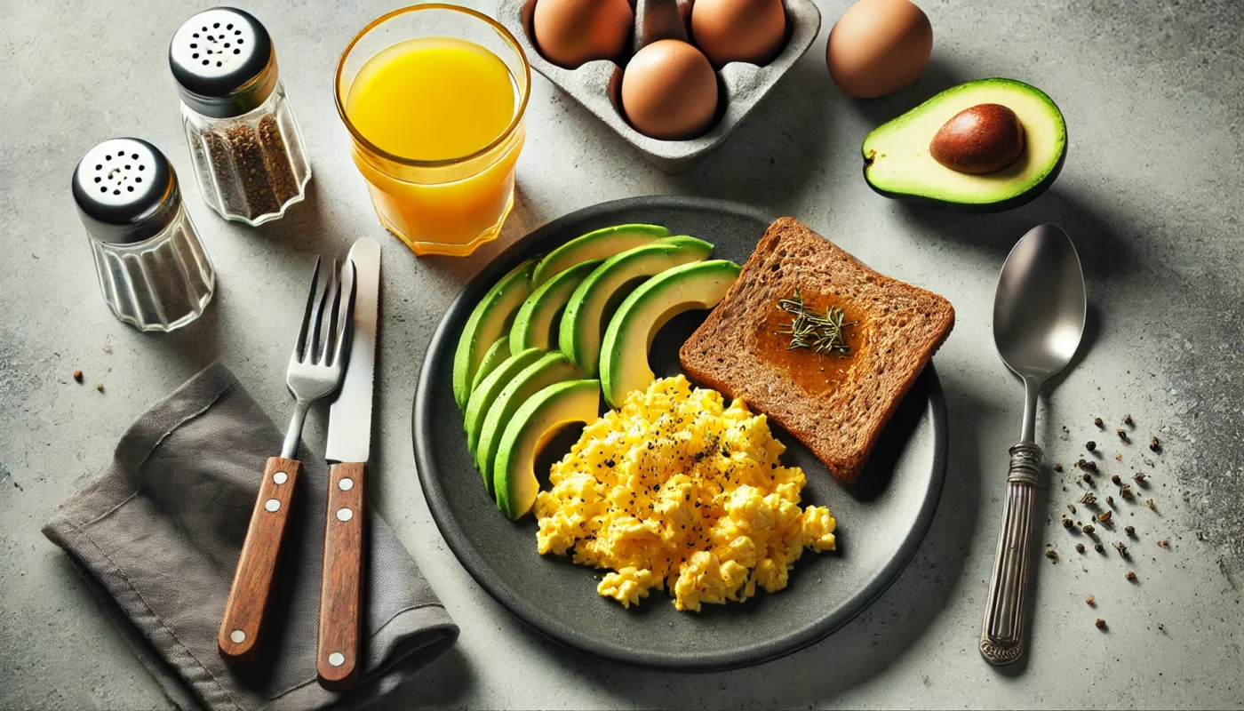 A plate featuring scrambled eggs, avocado slices, and a slice of whole-grain toast, complemented by a glass of orange juice and utensils, showcasing a protein-packed meal for recovery after cardio.