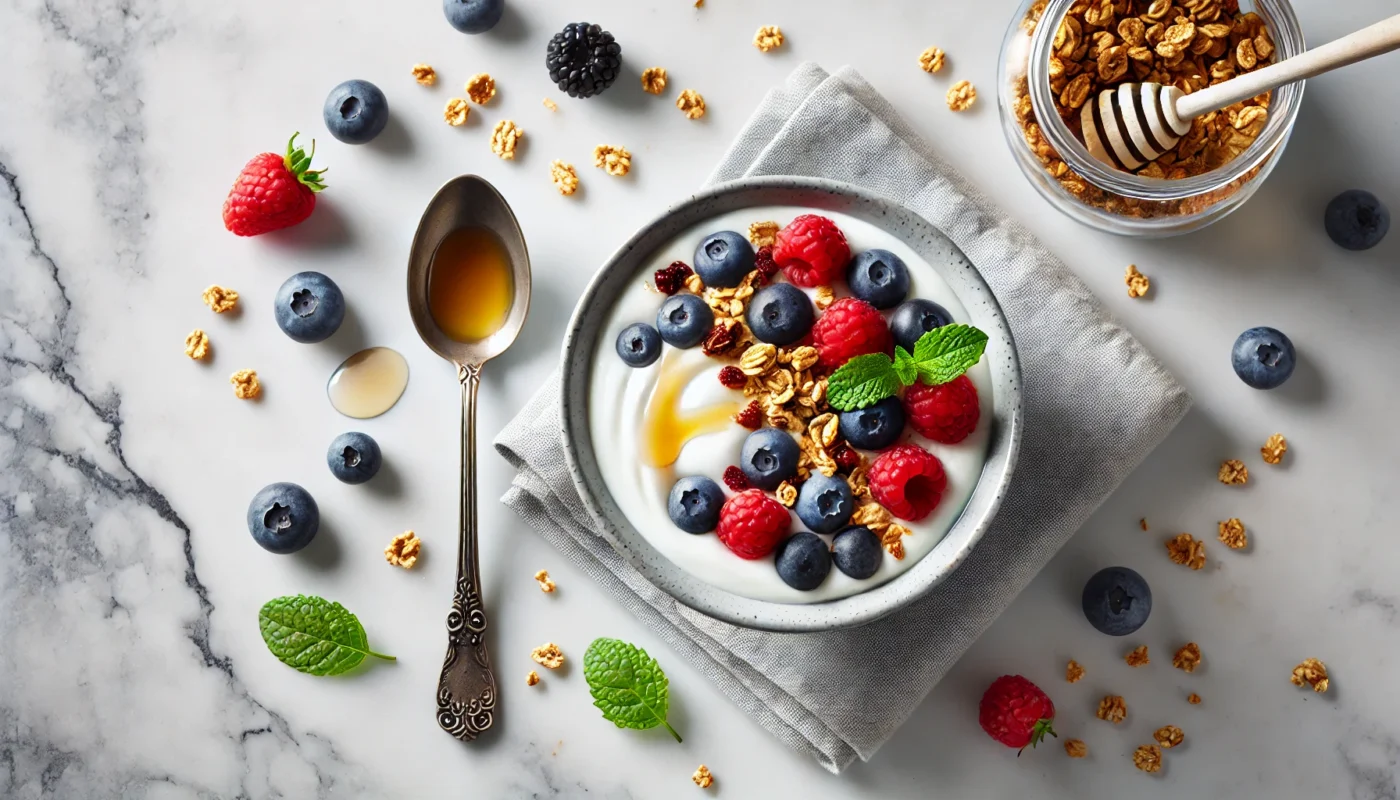 A bowl of Greek yogurt topped with fresh berries, granola, and a drizzle of honey, placed on a white marble countertop with a spoon and scattered granola, ideal for a light and protein-rich snack after cardio.