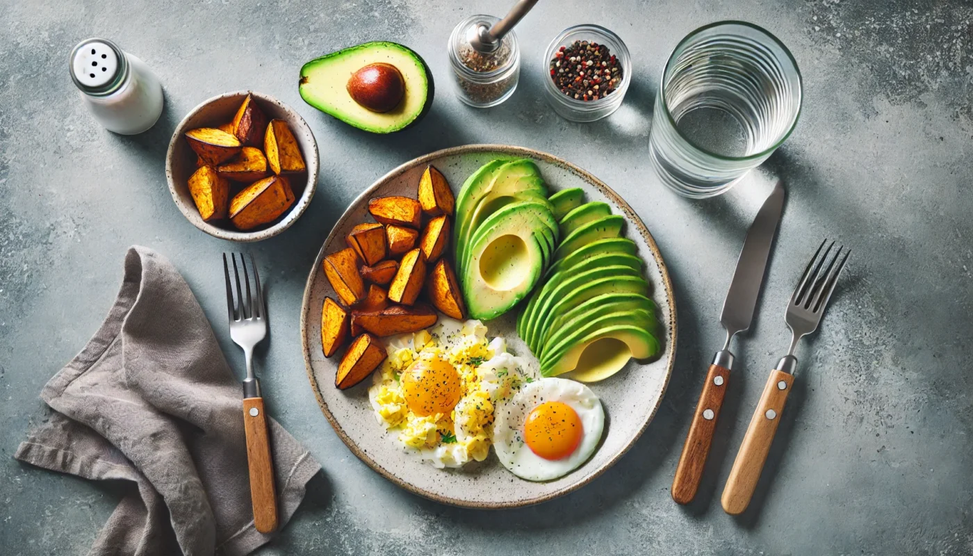 A plate featuring scrambled eggs, avocado slices, and roasted sweet potatoes, accompanied by a glass of water and utensils, illustrating a nutritious and protein-rich pre-workout meal.