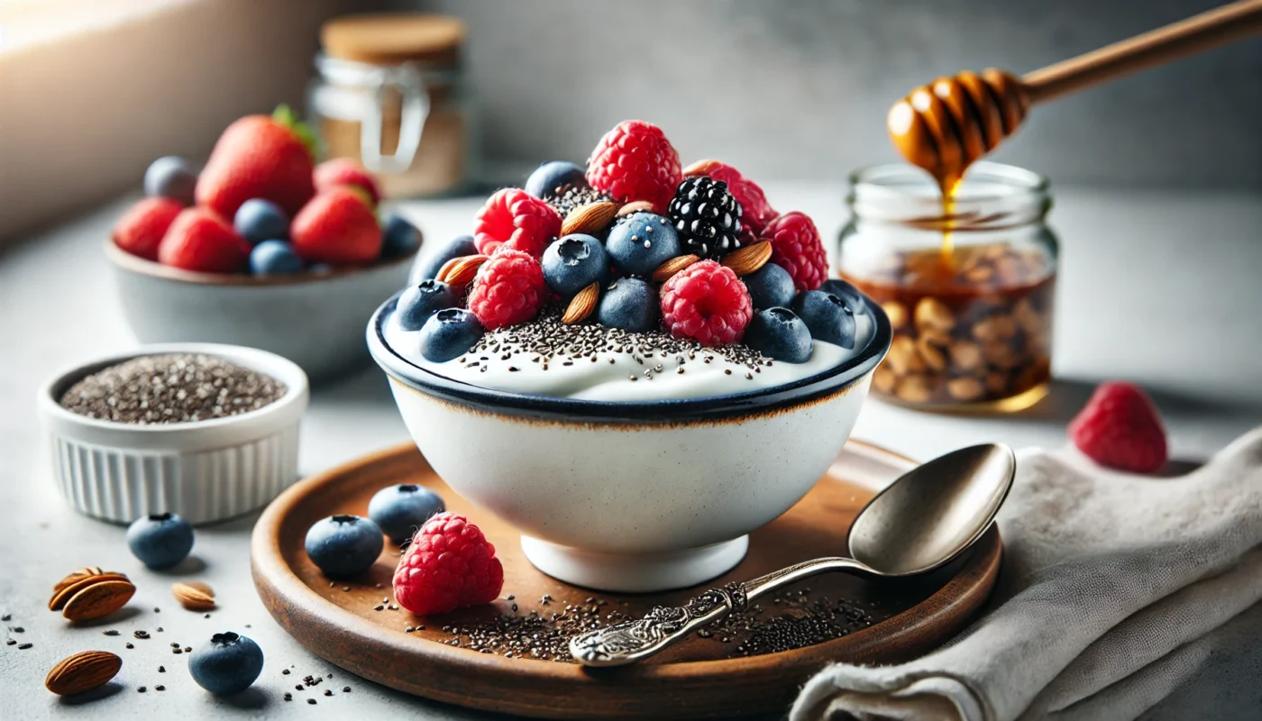 A bowl of Greek yogurt topped with mixed berries, chia seeds, and a drizzle of honey, placed in a modern kitchen setting with a spoon, representing a nutritious and protein-packed pre-workout snack.